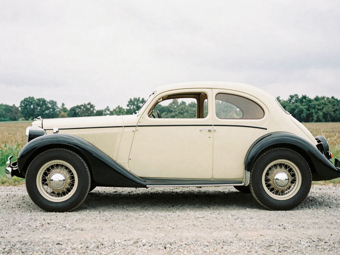 Editorial photograph of a pre-war touring car in profile on a gra