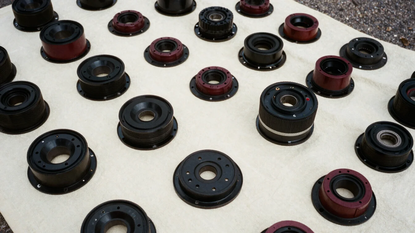 Overhead editorial study of engine components laid out on a cream