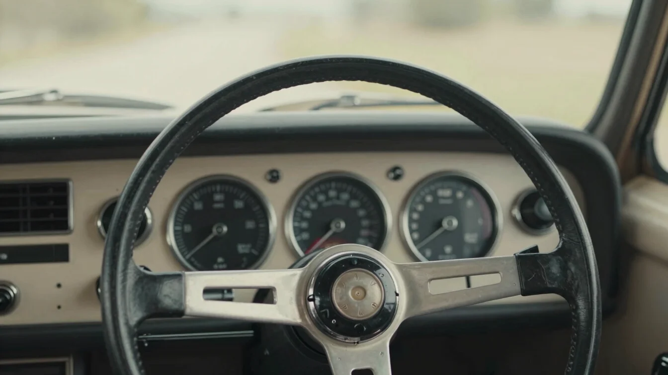 Editorial close-up of a vintage dashboard and steering wheel in s